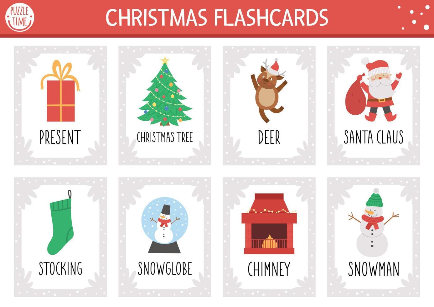 jeu de cartes flash de Noël de vecteur. jeu de langue anglaise avec le père noël mignon, arbre de noël, bonhomme de neige pour les enfants. flashcards de fête d'hiver de vacances. feuille de travail éducative imprimable simple. vecteur