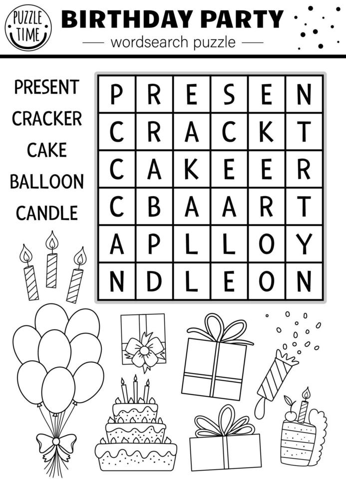 puzzle de recherche de mots de fête d'anniversaire de vecteur noir et blanc pour les enfants. mots croisés de vacances simples avec cadeau, gâteau, ballon, bougie. activité de mot-clé de célébration d'anniversaire éducatif