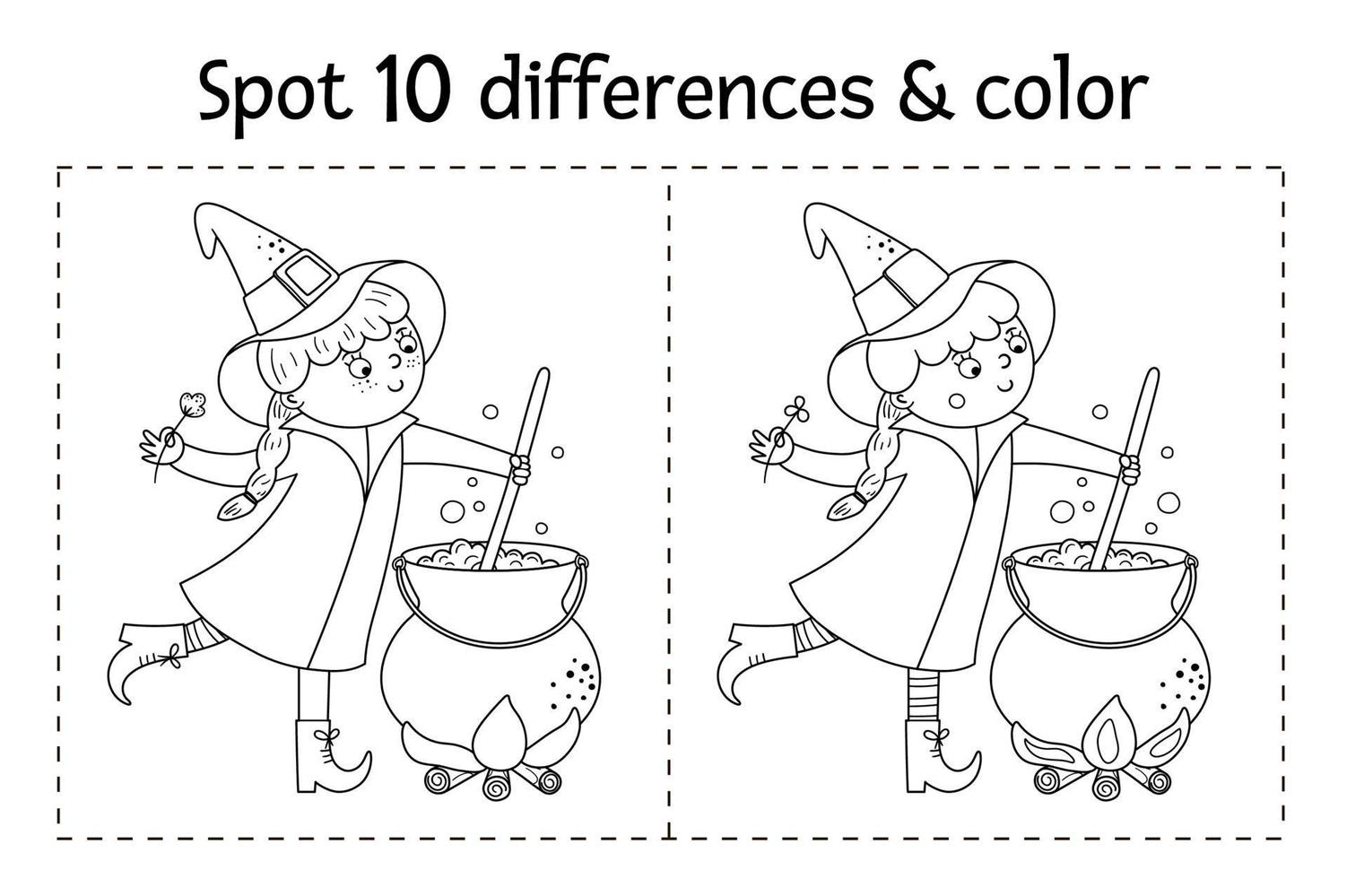 Halloween noir et blanc trouver un jeu de différences pour les enfants. activité éducative d'automne avec drôle de sorcière, chaudron, chat. feuille de calcul imprimable ou page à colorier avec un personnage souriant. vecteur