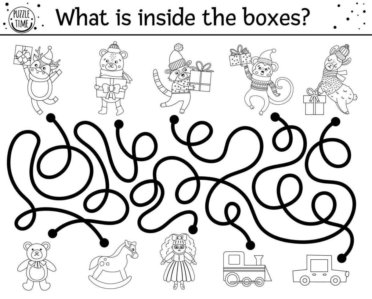 labyrinthe de noël noir et blanc pour les enfants. activité éducative imprimable préscolaire hiver nouvel an. jeu de vacances amusant ou page de coloriage avec des animaux mignons, des cadeaux et des jouets. ce qu'il y a dans la boite vecteur