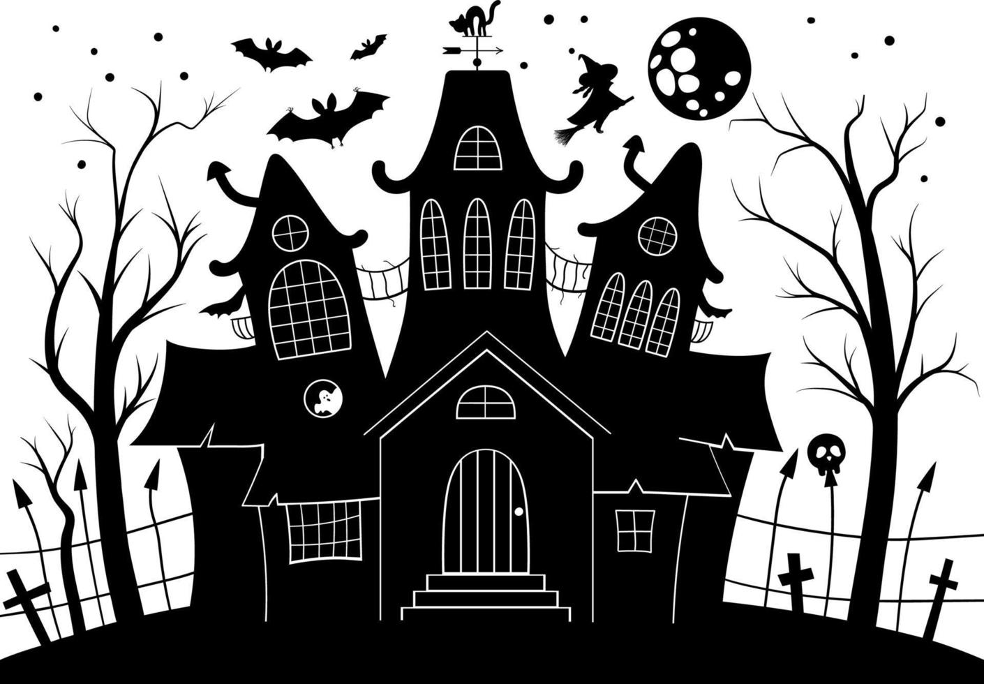 illustration vectorielle maison hantée en noir et blanc. fond d'halloween avec silhouette de cottage effrayant avec grande lune, fantômes, chauves-souris, cimetière. effrayante invitation à la fête de samhain ou conception de cartes. vecteur