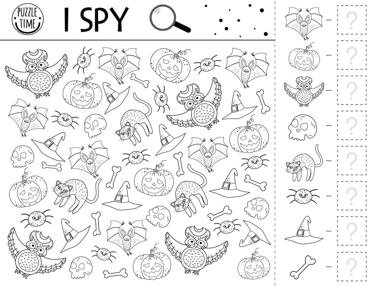 Halloween noir et blanc i jeu d'espionnage pour les enfants. activité de recherche et de comptage pour les enfants d'âge préscolaire ou coloriage. feuille de travail imprimable d'automne amusante pour les enfants. puzzle de repérage simple. vecteur