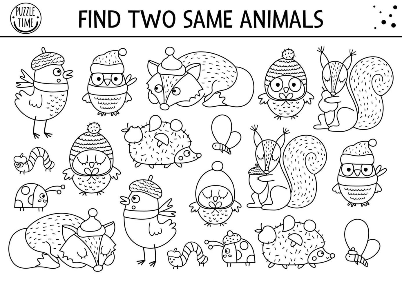 trouver deux mêmes animaux. activité d'association en noir et blanc d'action de grâces pour les enfants. Feuille de travail de quiz d'automne en ligne amusante pour les enfants pour les compétences d'attention. jeu ou coloriage d'automne simple à imprimer vecteur