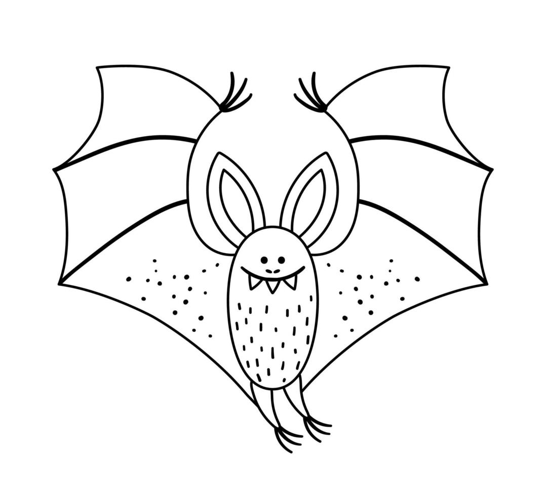 chauve-souris vecteur mignon noir et blanc avec ailes déployées. icône de personnage d'halloween. illustration de la veille de la Toussaint d'automne avec un animal volant. Samhain party coloriage pour les enfants.