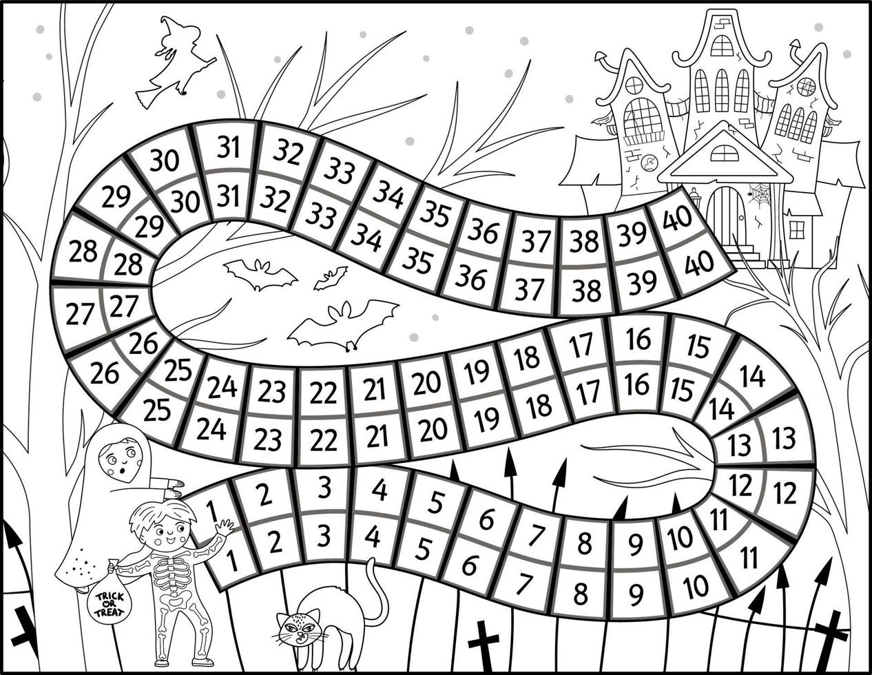 jeu de société noir et blanc d'halloween pour les enfants avec un château effrayant et des enfants mignons. jeu de société éducatif avec maison hantée. page de coloriage imprimable effrayant. vecteur