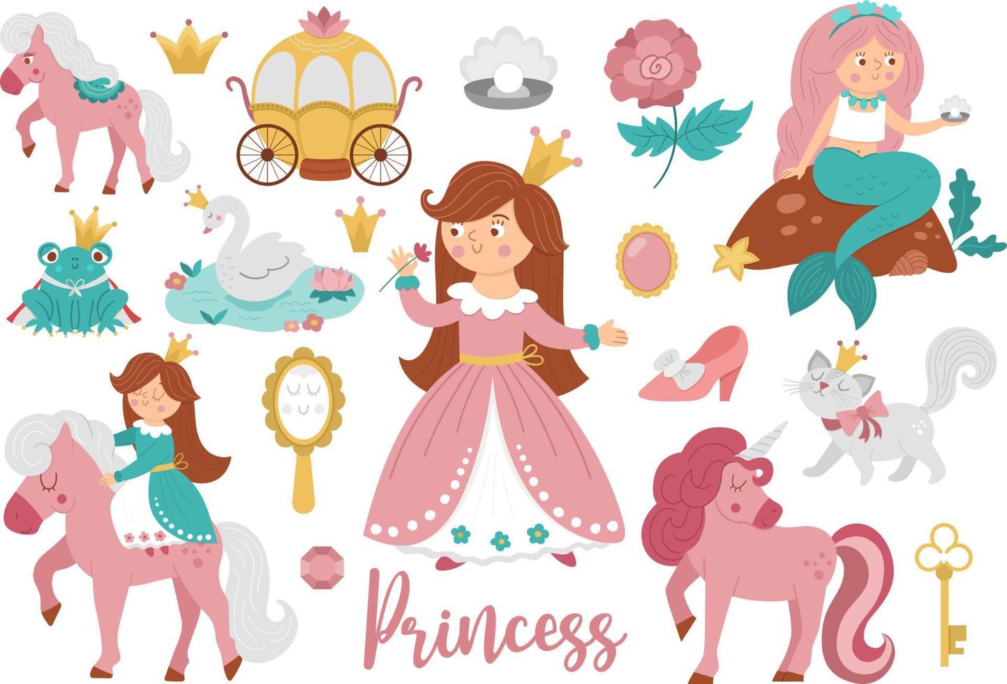 collection de princesse de conte de fées. grand ensemble vectoriel de fille fantastique, sirène, prince grenouille licorne, cygne. pack de femme de chambre de conte de fées médiéval. icônes magiques de dessin animé de fille avec des objets et des personnages roses mignons.