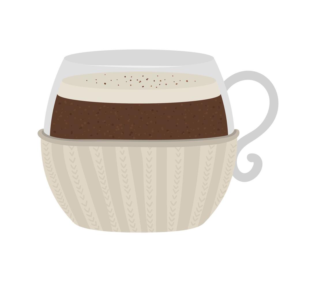 coupe vectorielle avec support tricoté et café. illustration de boisson traditionnelle d'hiver. icône de boisson chaude de vacances. illustration de cacao ou cappuccino isolé sur fond blanc. vecteur