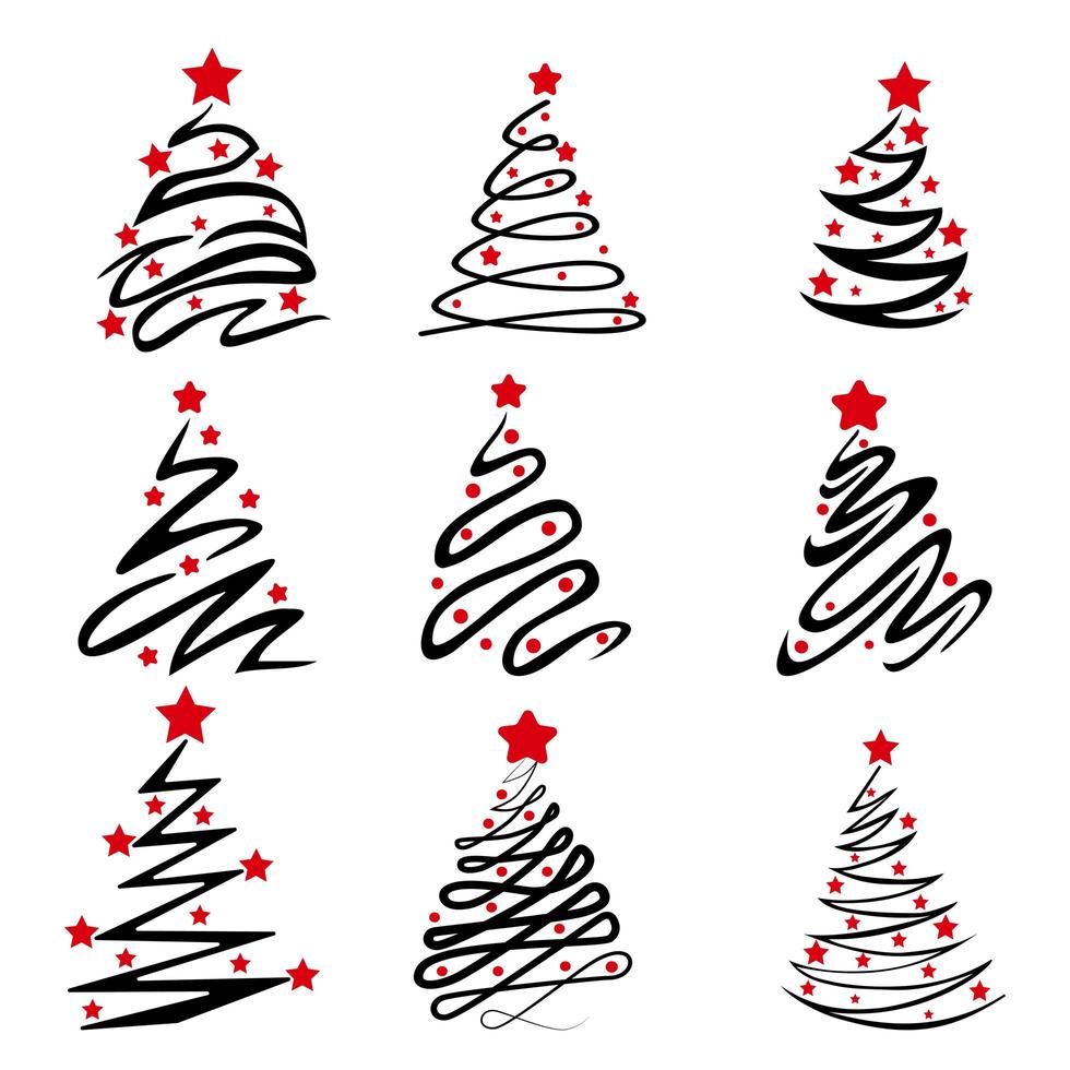 Arbre de Noël abstrait dessiné de 9 pièces avec des décorations sur fond blanc - vector