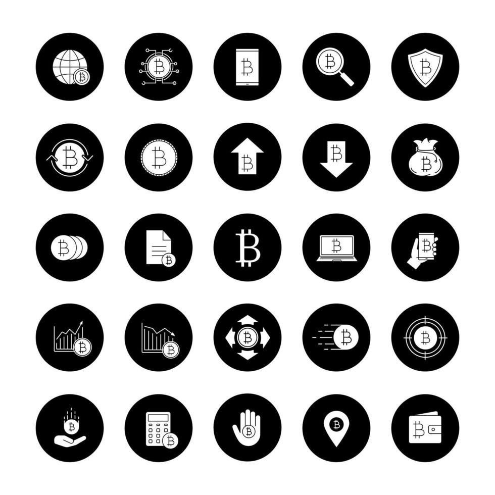 Ensemble d'icônes de glyphe bitcoin. crypto-monnaie. système de paiement numérique. illustrations vectorielles de silhouettes blanches dans des cercles noirs vecteur