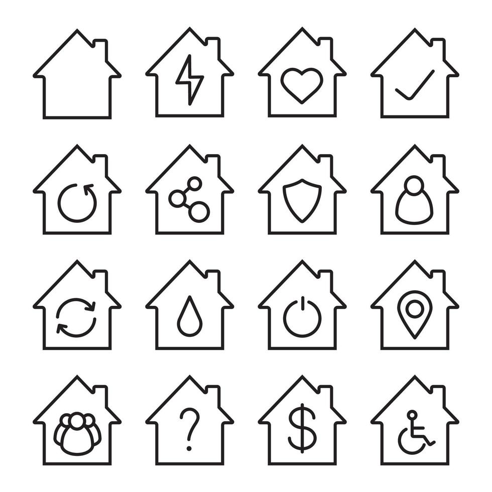 maisons ensemble d'icônes linéaires. bâtiments d'accueil avec homme, cœur, groupe de personnes, signe dollar, fauteuil roulant, questions et coches à l'intérieur. symboles de contour de ligne mince. illustrations de contour de vecteur isolé