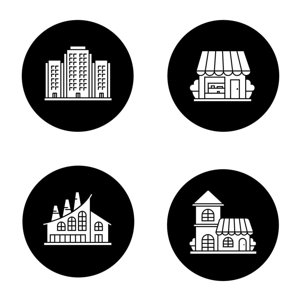 ensemble d'icônes de glyphe de bâtiments de la ville. boutique, usine industrielle, café, immeuble à plusieurs étages. illustrations vectorielles de silhouettes blanches dans des cercles noirs vecteur