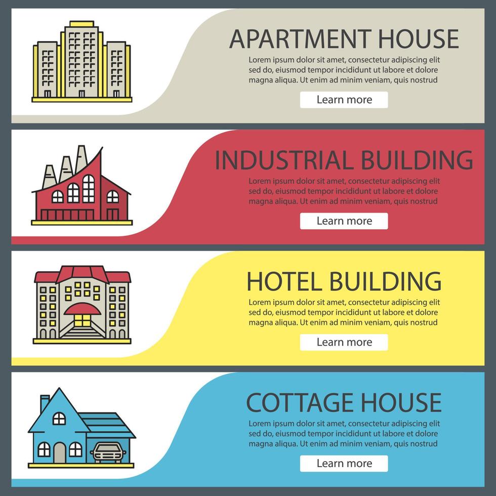 ensemble de modèles de bannière web de bâtiments. Immeuble, usine industrielle, hôtel, chalet. éléments du menu de couleur du site Web. concepts de conception d'en-têtes de vecteur