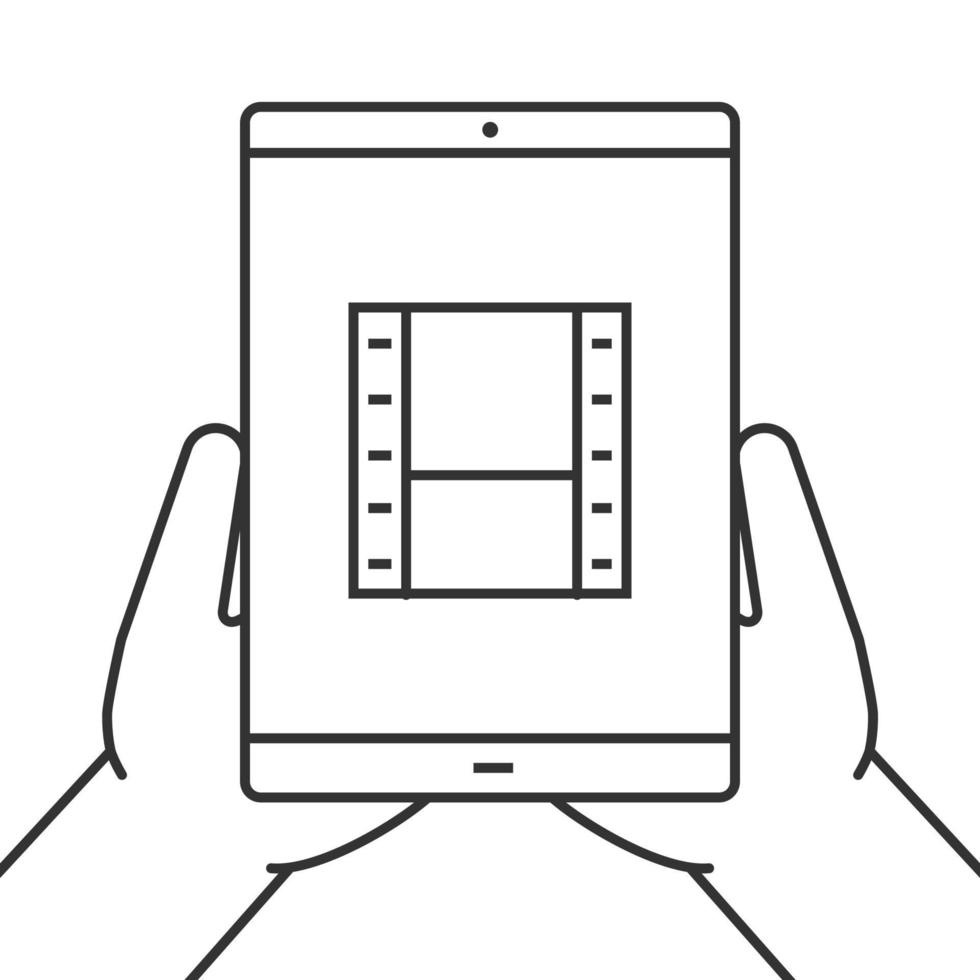 mains tenant l'icône linéaire de l'ordinateur tablette. regarde des films. illustration de la ligne mince. ordinateur tablette avec bande vidéo. symbole de contour. dessin de contour isolé de vecteur