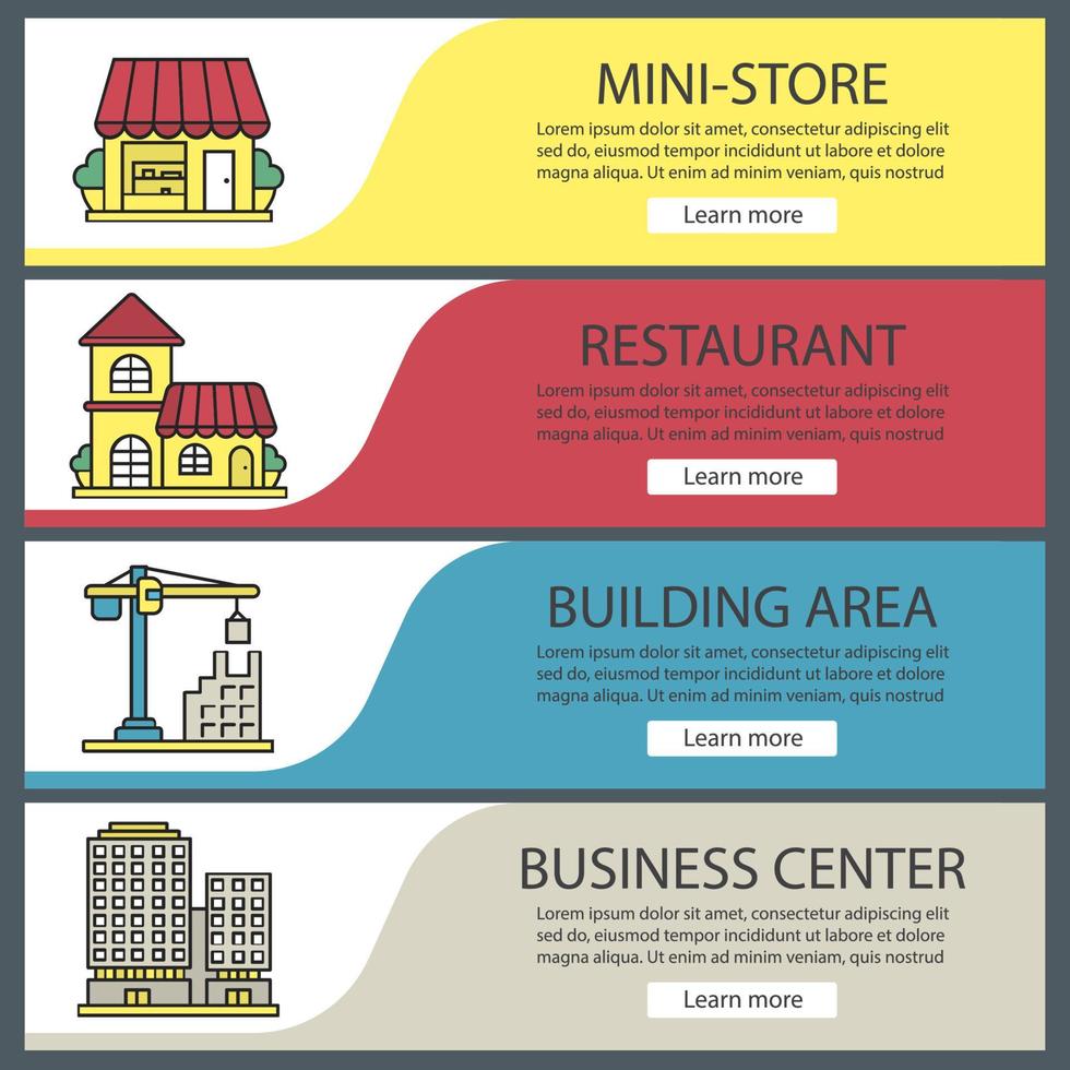 ensemble de modèles de bannière web de bâtiments de la ville. boutique, restaurant, grue à tour, centre d'affaires. éléments du menu de couleur du site Web. concepts de conception d'en-têtes de vecteur
