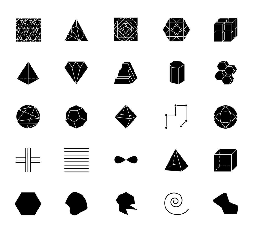 Ensemble d'icônes de glyphes de figures géométriques. carrés, cercles et triangles. pyramide double. modèles de prismes. formes abstraites complexes. formes isométriques avec des courbes. symboles de silhouette. illustration vectorielle isolée vecteur