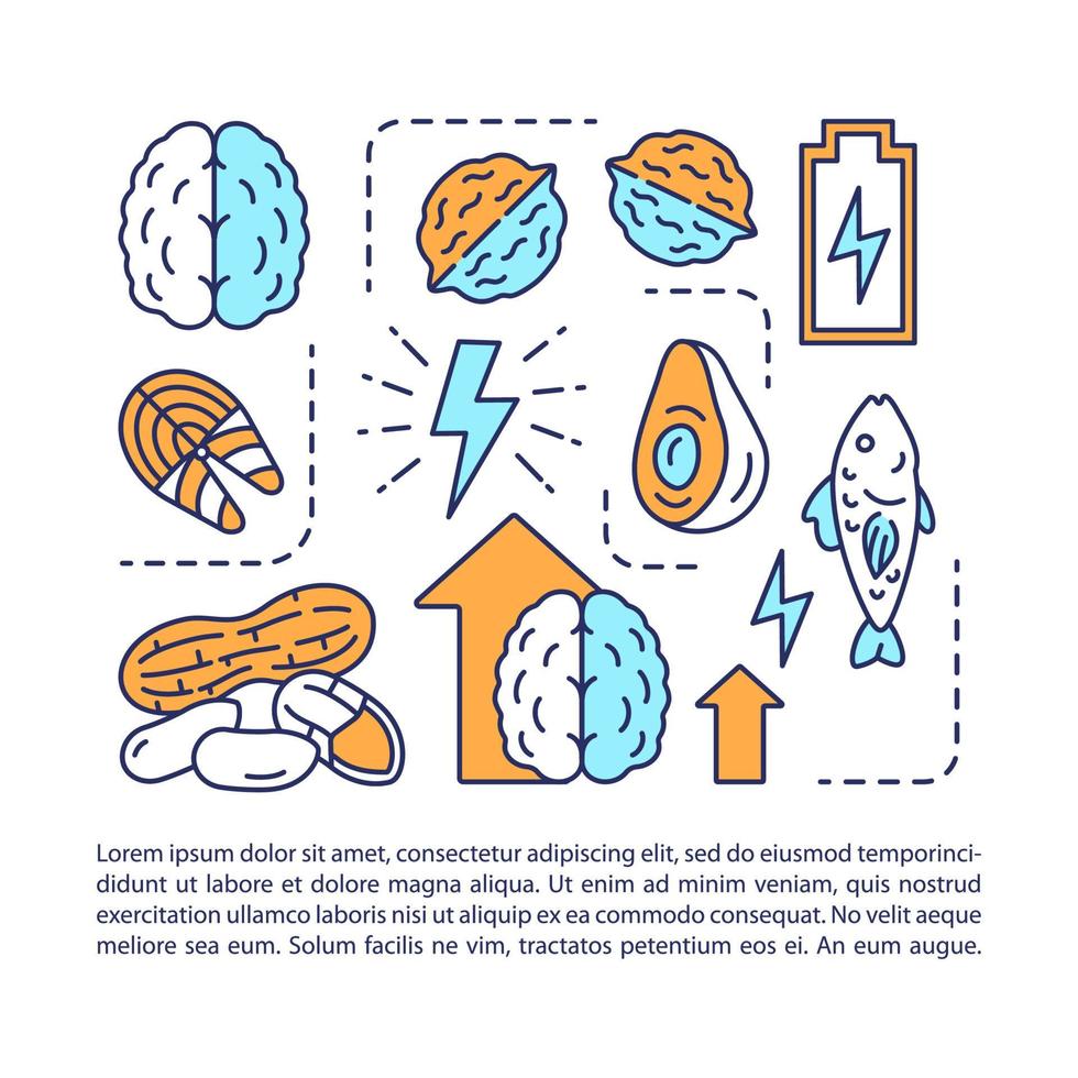 modèle vectoriel de page d'article de nutrition cérébrale. régime cétogène. nourriture céto, poisson, noix. brochure, magazine, élément de conception de livret avec des icônes linéaires. design d'impression. illustrations de concept avec texte