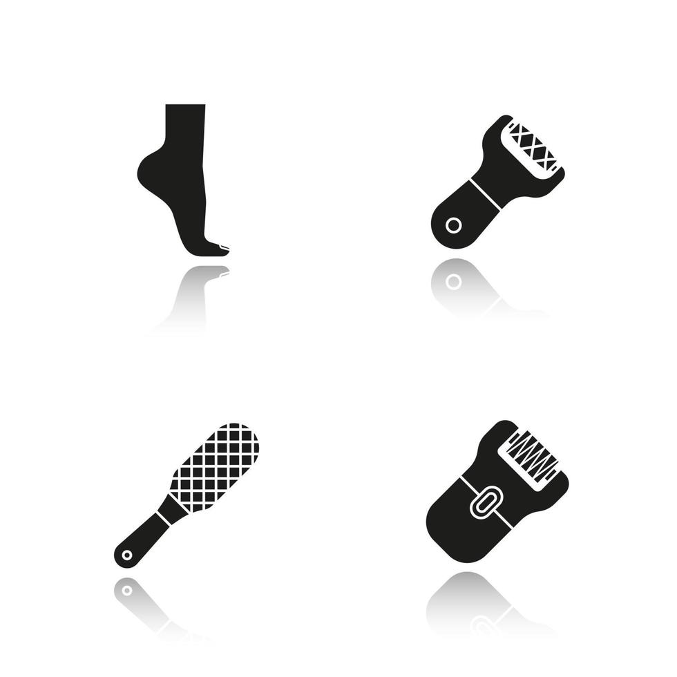 soins des pieds ombre portée icônes noires définies. pied de femme, lime, râpe, épilateur. illustrations vectorielles isolées vecteur