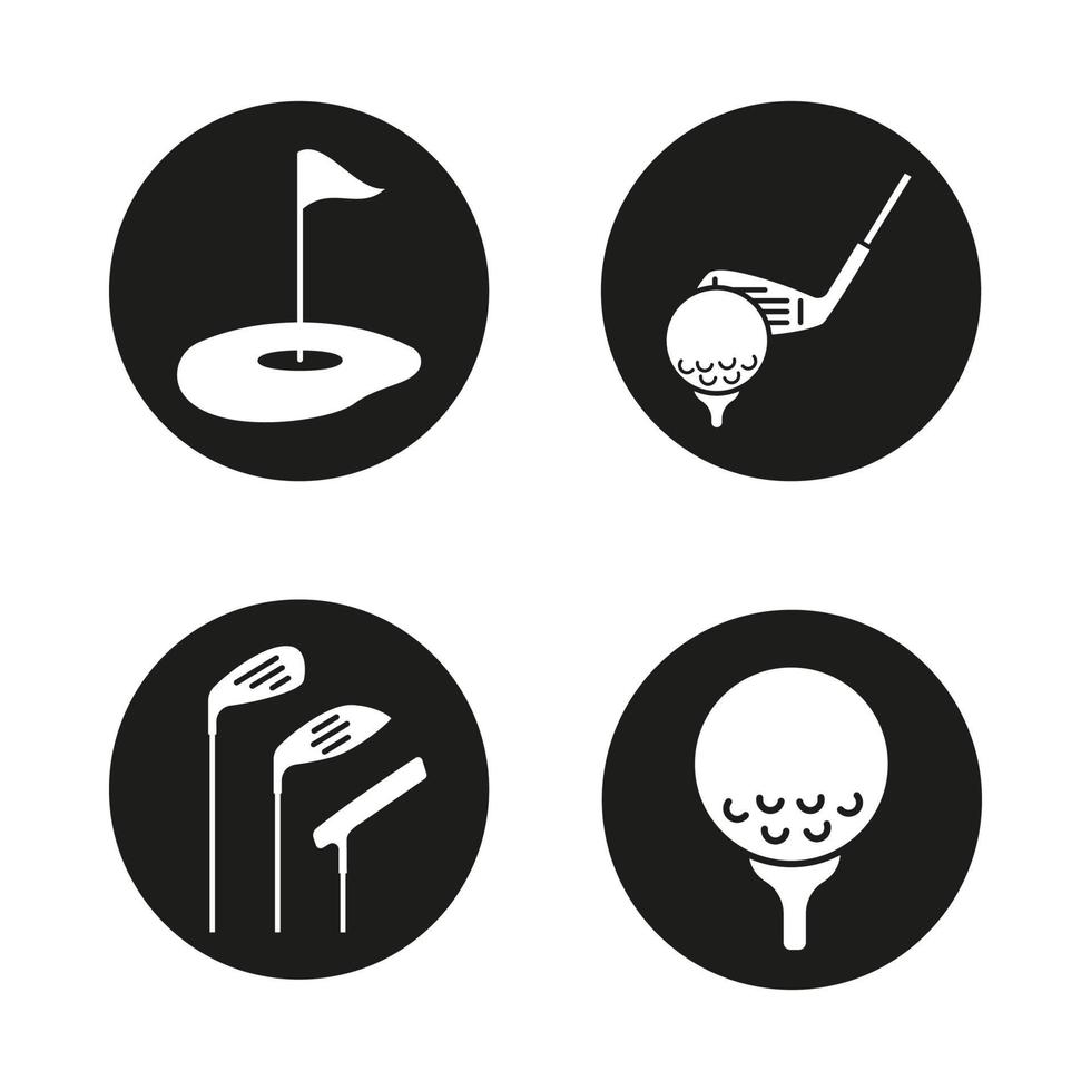 jeu d'icônes de golf. terrain de golf, clubs, balle sur tee. illustrations vectorielles de silhouettes blanches dans des cercles noirs vecteur