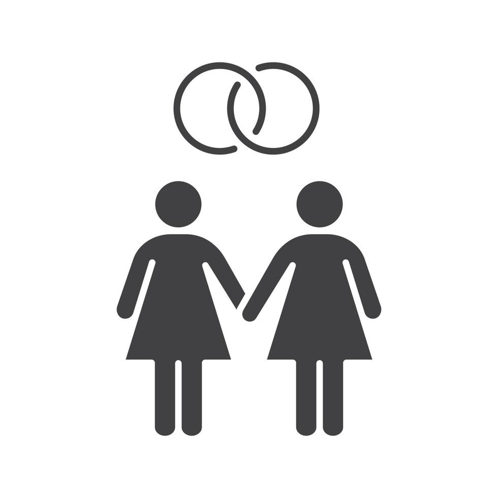 icône de mariage lesbien. symbole de silhouette de couple homosexuel. deux femmes se tenant la main. espace négatif. illustration vectorielle isolée vecteur