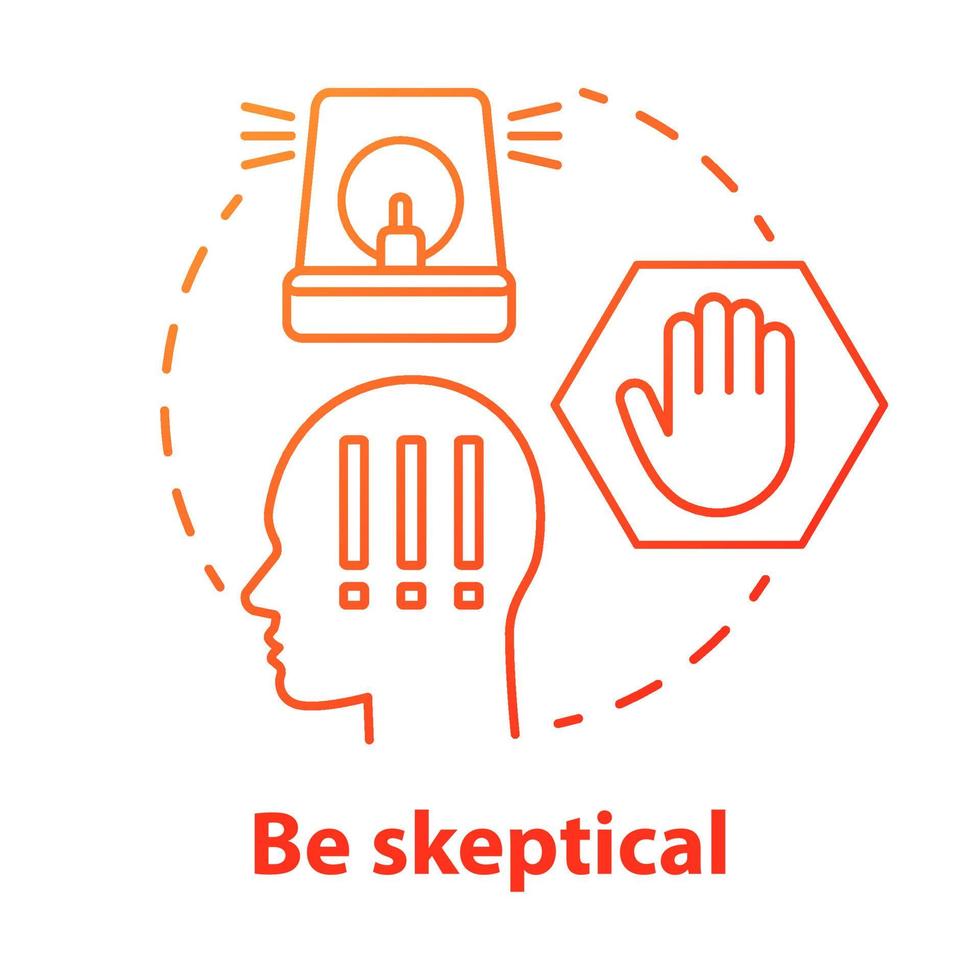 être l'icône de concept sceptique. capacité de s'arrêter à temps. scepticisme. avertissement de danger pour les personnes. illustration de la ligne mince de l'idée de prise de décision. dessin de contour isolé de vecteur