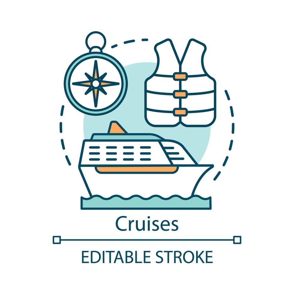 icône de concept de croisières. illustration de fine ligne idée de voyage. navire sur l'océan. gilet de natation et boussole. paquebot de croisière, vacances d'été. le transport de l'eau. dessin de contour isolé de vecteur. trait modifiable vecteur