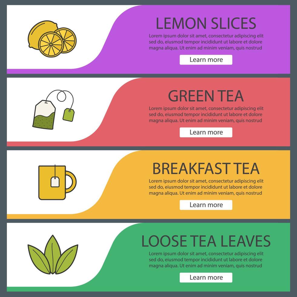 ensemble de modèles de bannière de thé. tranches de citron, tasse à thé et sachet, feuilles en vrac. éléments de menu du site Web. bannière web couleur. concepts de conception d'en-têtes de vecteur