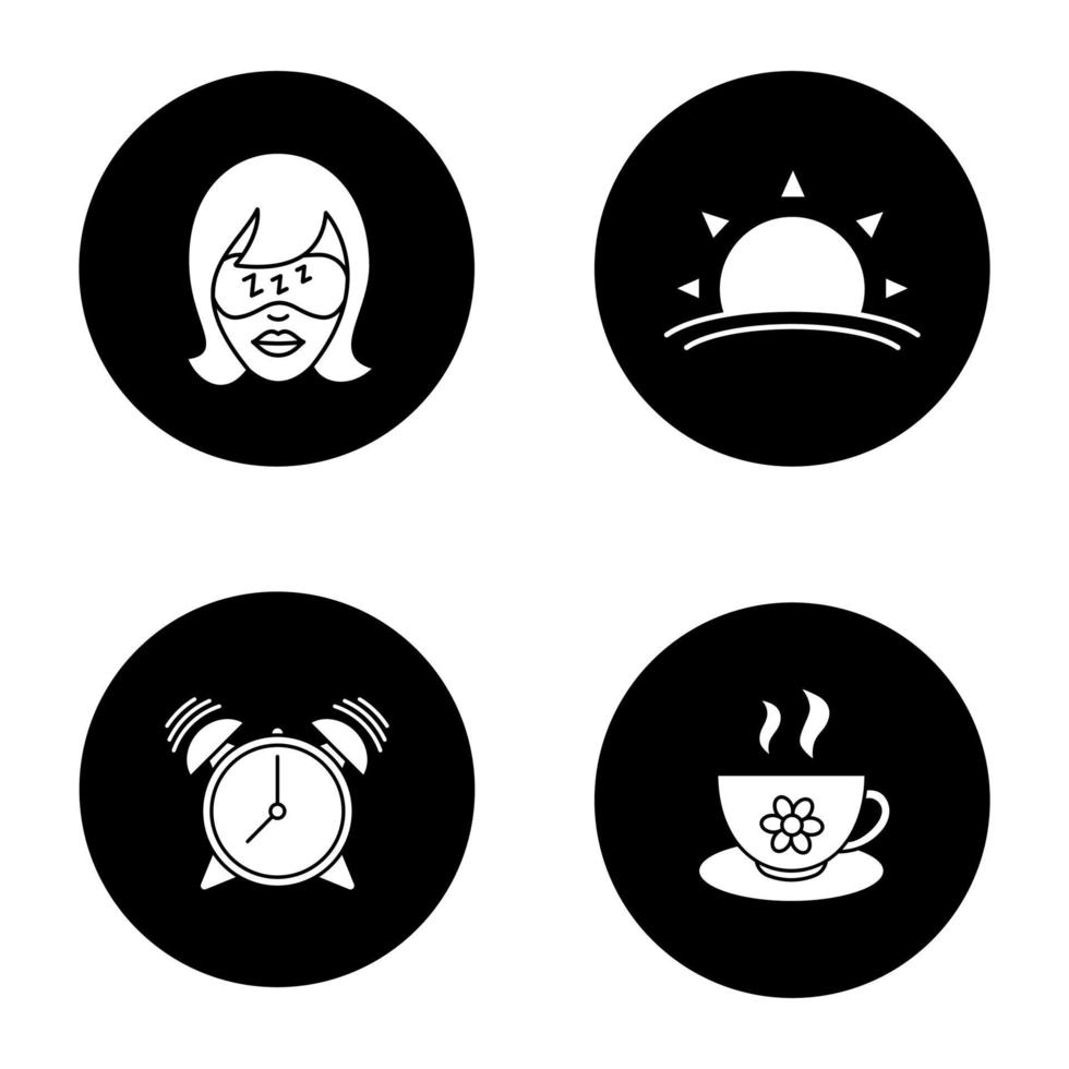 ensemble d'icônes de glyphe du matin. femme endormie, lever du soleil, réveil, tasse de tisane. illustrations vectorielles de silhouettes blanches dans des cercles noirs vecteur