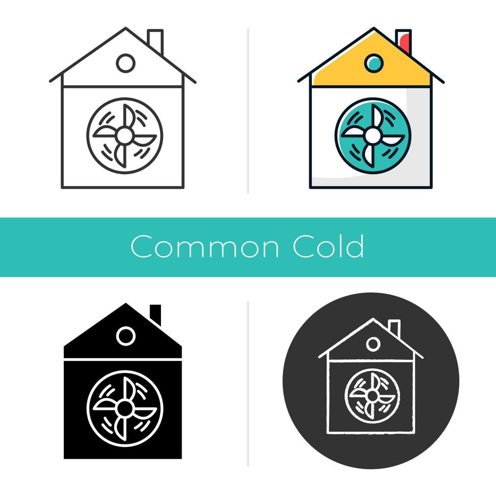 icône de ventilation de maison. maison climatisée. nettoyer les germes et les microbes. système d'aération de la poussière. ventilateur. évent de refroidissement à domicile. design plat, styles linéaires et de couleur. illustrations vectorielles isolées vecteur