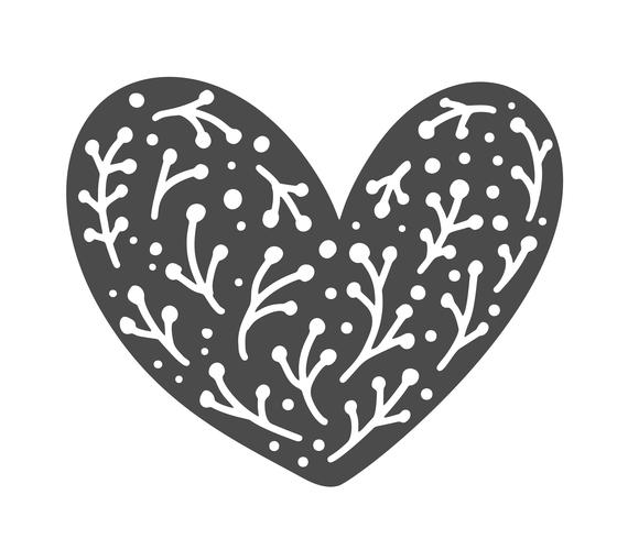 Coeur de Velentines scandinaves dessinés à la main avec la silhouette de l&#39;icône s&#39;épanouir ornement. Vecteur simple symbole de la Saint-Valentin contour. Élément de conception isolé pour le Web, le mariage et l&#39;impression