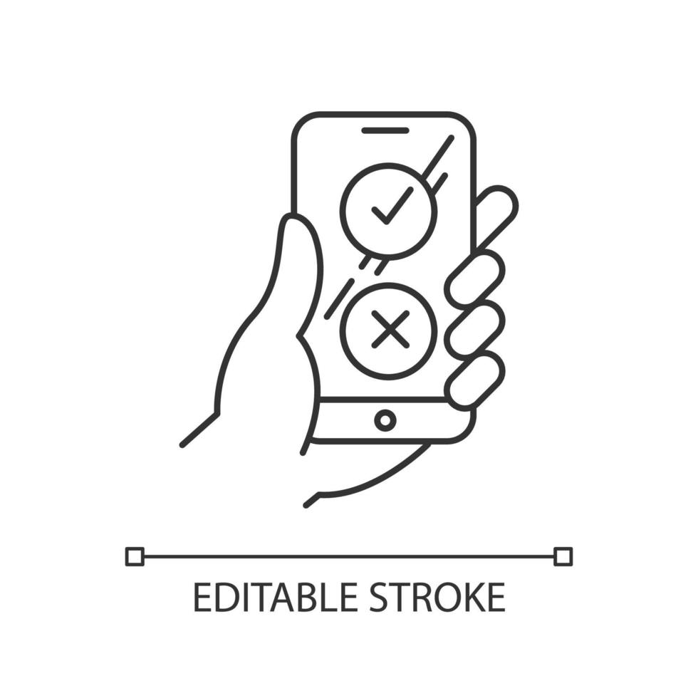 icône linéaire de sondage en ligne. boutons de liste de contrôle sur l'écran du smartphone. choisissez approuver et désapprouver. illustration de la ligne mince. symbole de contour. dessin de contour isolé de vecteur. trait modifiable vecteur