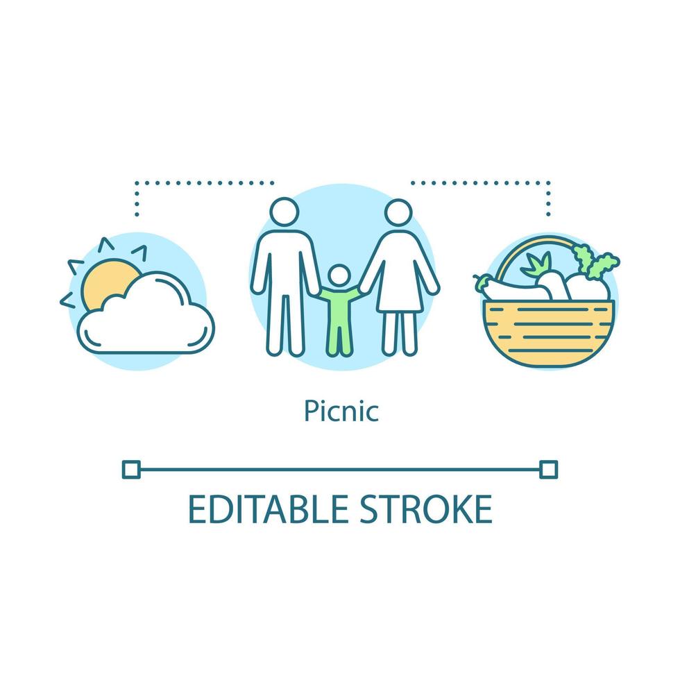 icône de concept de pique-nique. activités familiales avec des enfants idée illustration fine ligne. repas en plein air. déjeuner dans la nature. loisirs de plein air. dessin de contour isolé de vecteur. trait modifiable vecteur