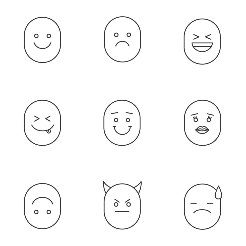 sourires ensemble d'icônes linéaires. symboles de contour de ligne mince. émoticônes de bonne et de mauvaise humeur. souriant, riant, triste, délicieux, à l'envers, s'embrassant, diable, visages déçus. illustrations de contour de vecteur isolé