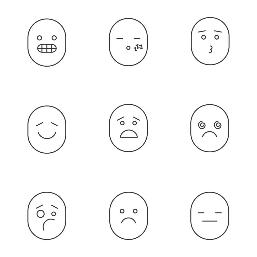 sourires ensemble d'icônes linéaires. bonne et mauvaise humeur. smileys drôles, souriants, grimaçants, endormis, embrassants, effrayés, étourdis, contrariés, neutres, tristes. symboles de contour de ligne mince. illustrations de contour de vecteur isolé