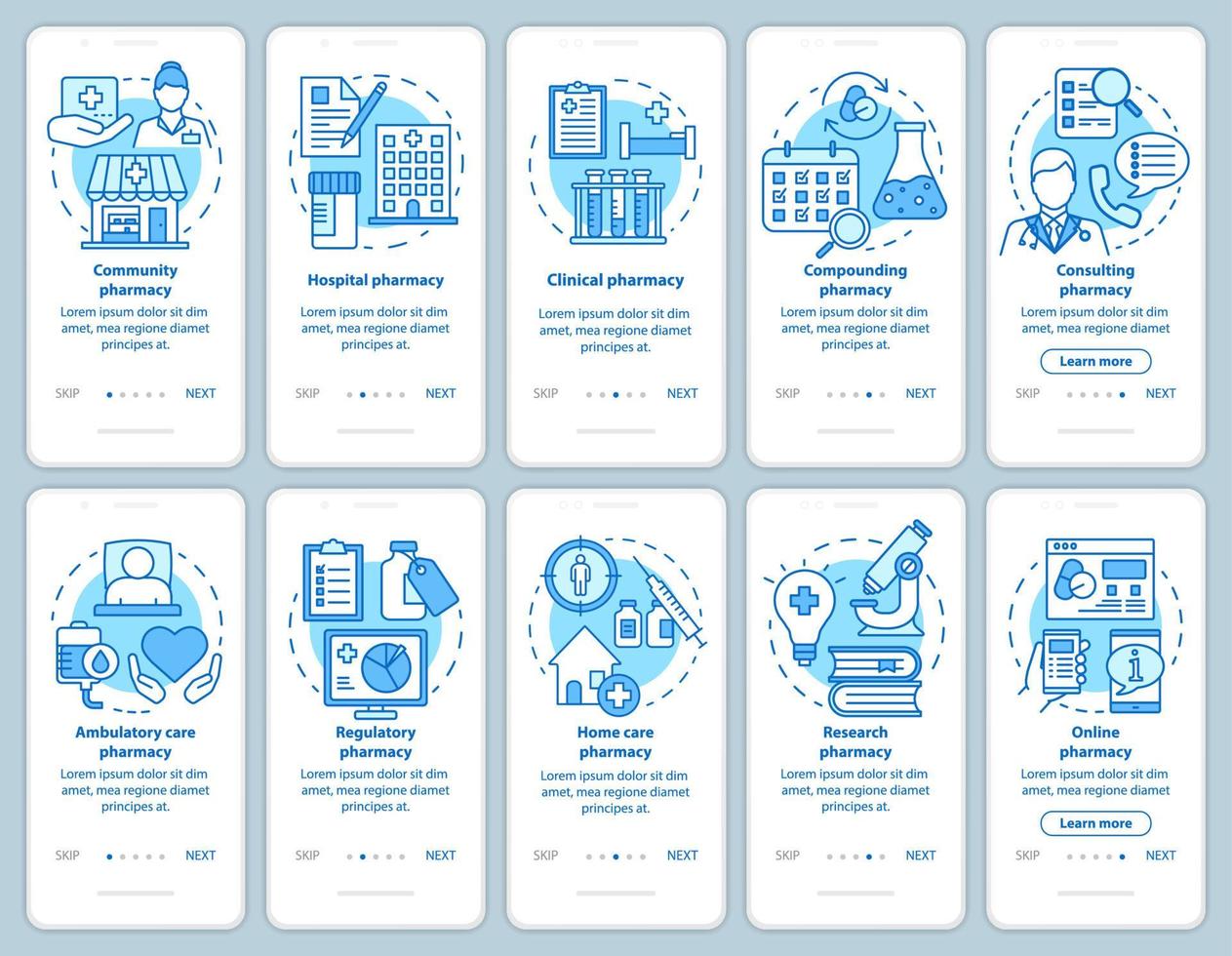 types et services de pharmacie intégrant l'écran de la page de l'application mobile avec des concepts linéaires. soins à domicile et à l'hôpital. Procédure pas à pas instructions graphiques. modèle vectoriel ux, ui, gui avec jeu d'illustrations