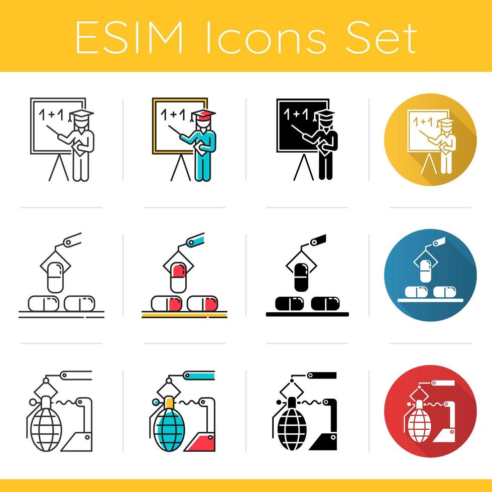 ensemble d'icônes de types d'industrie. éducation, pharmaceutique, armes secteurs de l'économie. production de biens et services. design plat, styles linéaires, noirs et couleurs. illustrations vectorielles isolées vecteur