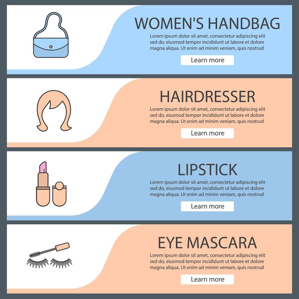 ensemble de modèles de bannière web accessoires cosmétiques. sac à main, perruque, rouge à lèvres, mascara pour les yeux. éléments du menu de couleur du site Web. concepts de conception d'en-têtes de vecteur