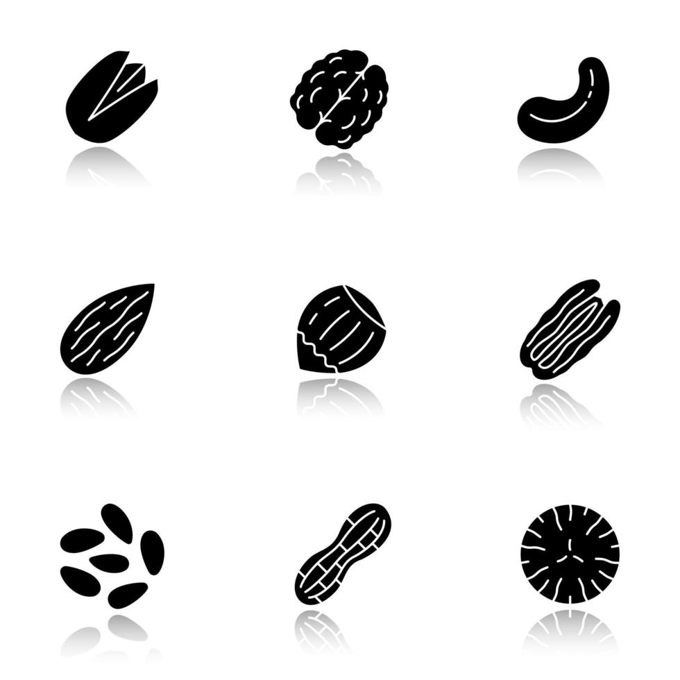 types d'écrous jeu d'icônes de glyphe noir ombre portée. pistache, noix, noix de cajou et noix de pécan, amande, noisette, pignons, arachide, muscade. illustrations vectorielles isolées vecteur