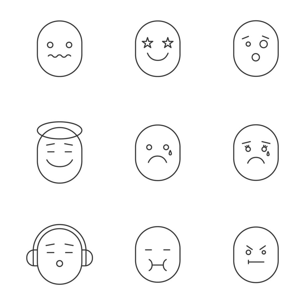 sourires ensemble d'icônes linéaires. symboles de contour de ligne mince. bonne et mauvaise humeur. confus, excité, larmoyant, vomissant, en colère, choqué, écoutant des émoticônes musicales. illustrations de contour de vecteur isolé