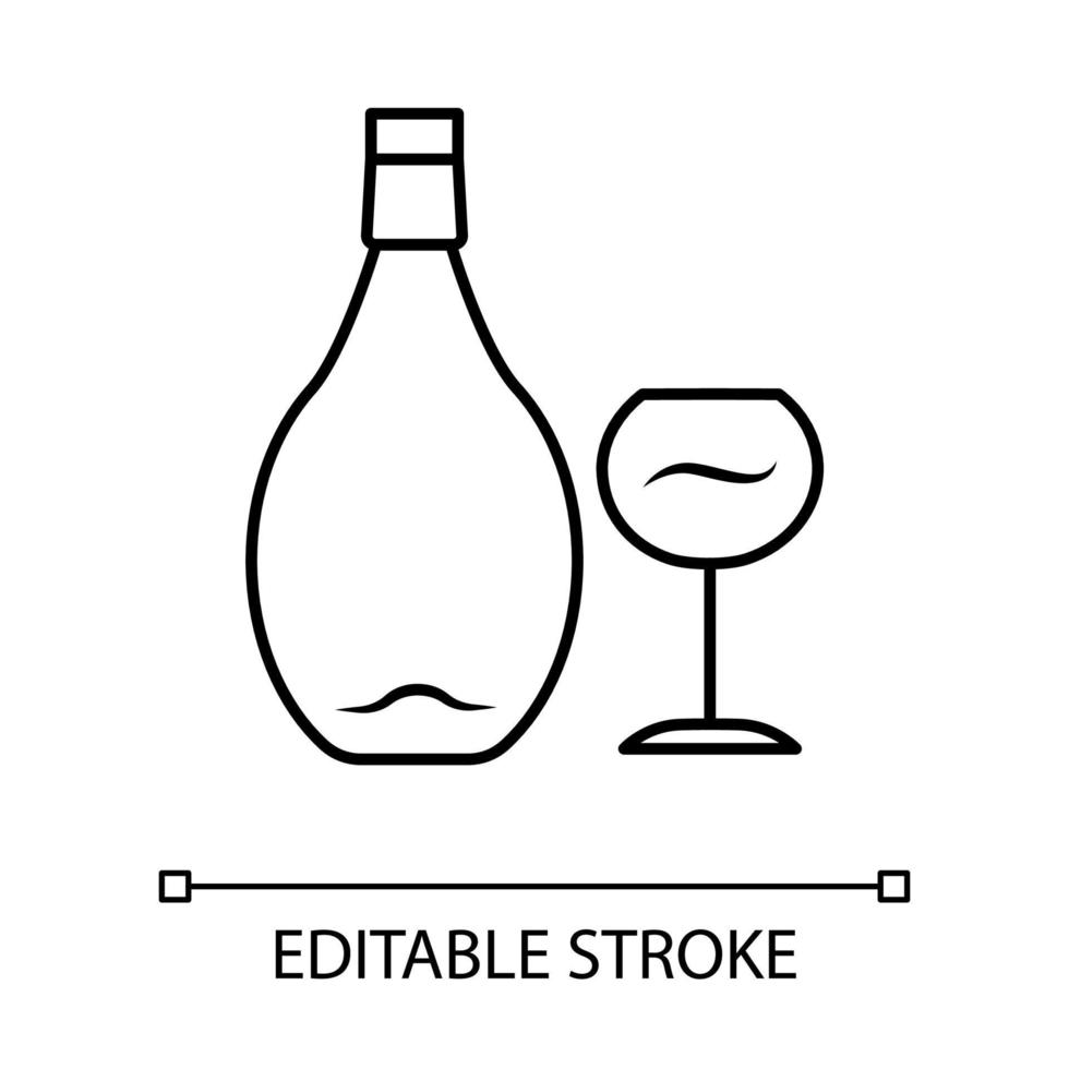 icône linéaire de vin. bouteille et verre à vin. boisson alcoolisée. service de restauration. verrerie à vin rouge. illustration de la ligne mince. symbole de contour. dessin de contour isolé de vecteur. trait modifiable vecteur