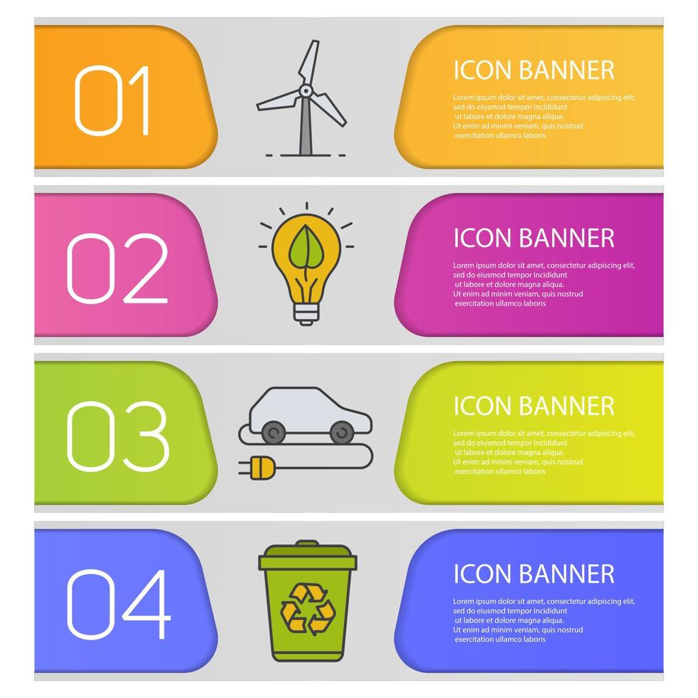 ensemble de modèles de bannière de technologies écologiques. énergie éolienne, concept écologique, voiture électrique, service de recyclage. éléments de menu du site Web. bannière web couleur. concepts de conception d'en-têtes de vecteur