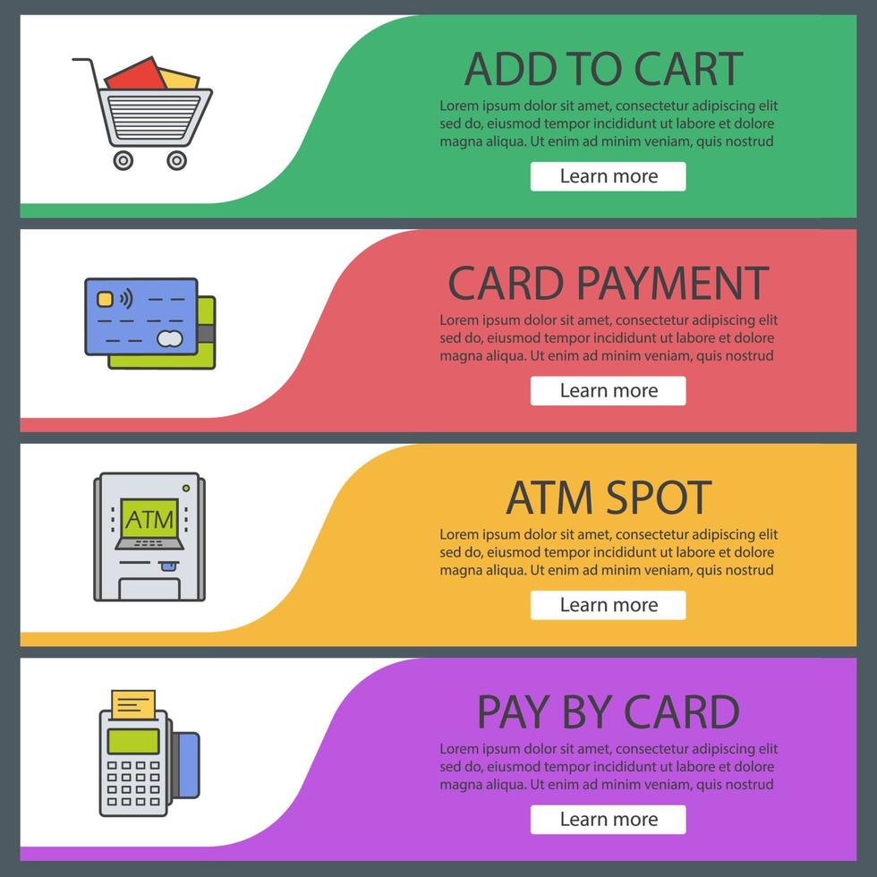 ensemble de modèles de bannière de supermarché. panier d'achat, cartes de crédit, terminal de paiement, distributeur automatique de billets. éléments de menu du site Web. bannière web couleur. concepts de conception d'en-têtes de vecteur