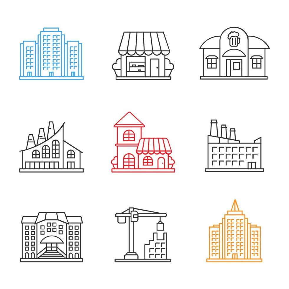 ensemble d'icônes linéaires de bâtiments de la ville. immeuble de plusieurs étages, boutique, pub, usine industrielle, café, hôtel, université, grue à tour, gratte-ciel. symboles de contour de ligne mince. illustration de contour de vecteur isolé