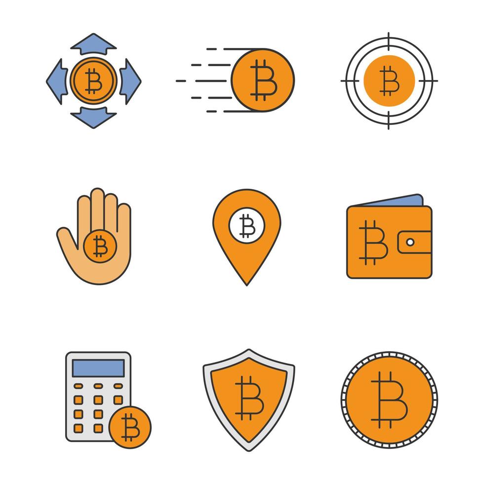 Jeu d'icônes de couleur bitcoin. Dépenses en bitcoins, recherche, envoi de paiement, emplacement du guichet automatique, portefeuille, protection, pièce de monnaie, calculs. illustrations vectorielles isolées vecteur