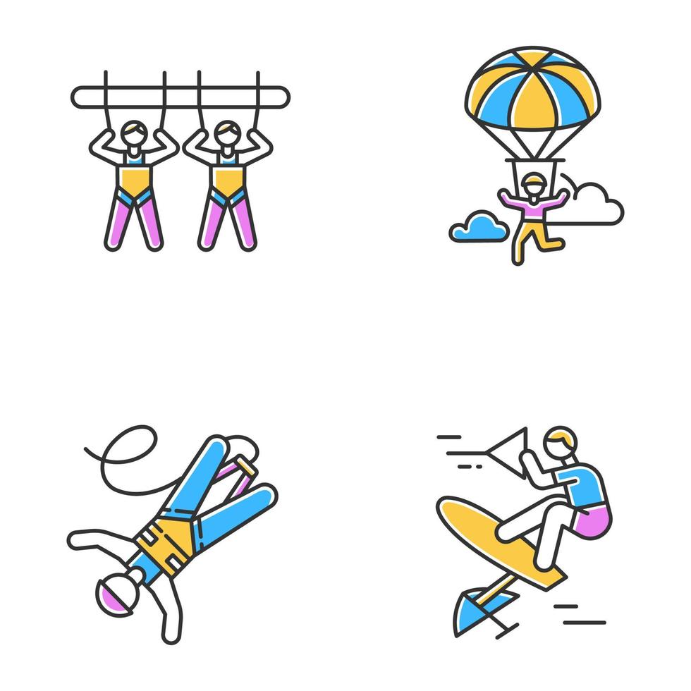 Jeu d'icônes de couleur de sports extrêmes de l'air. balançoire géante, parachutisme, saut à l'élastique et wakeboard. activités extérieures. divertissement d'adrénaline et loisirs risqués. illustrations vectorielles isolées vecteur