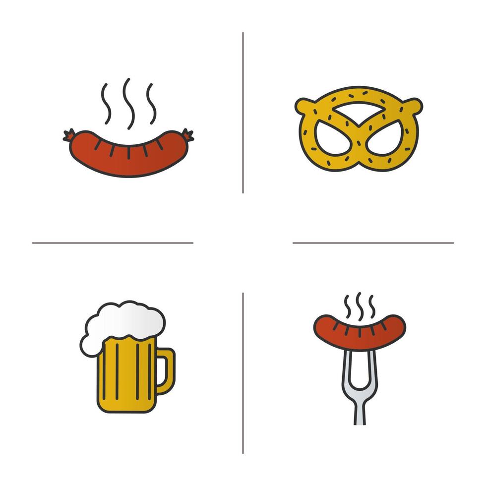 Ensemble d'icônes de couleur de collations à la bière. saucisse fumante sur fourchette, bratwurst, brezel, verre à bière mousseux. illustrations vectorielles isolées vecteur