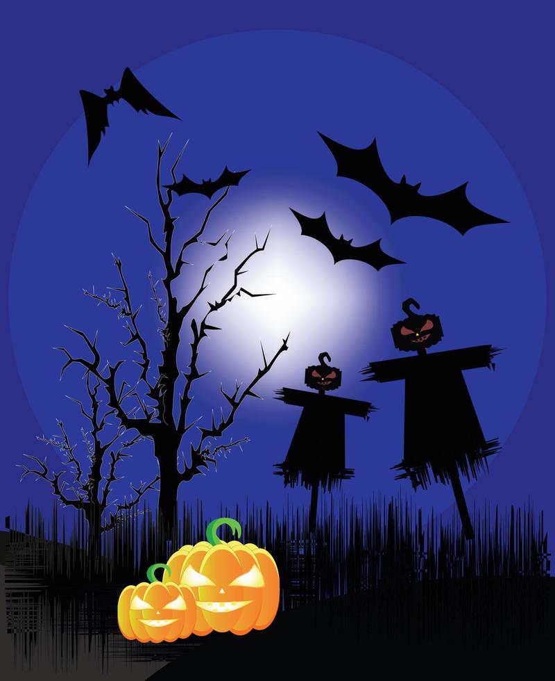 fond de nuit d'halloween deux épouvantails noirs effrayants, chauves-souris et clair de lune bleu vecteur