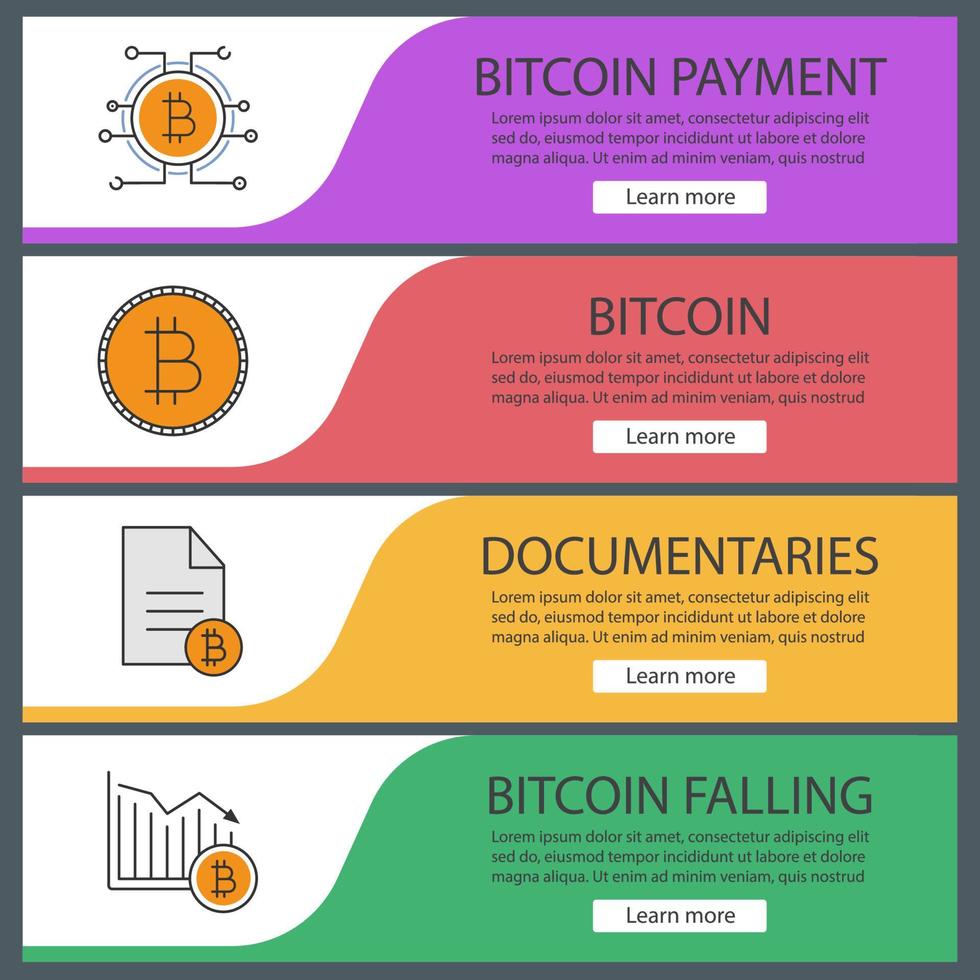 ensemble de modèles de bannière web bitcoin. paiement bitcoin, document, chute. éléments du menu de couleur du site Web. concepts de conception d'en-têtes de vecteur