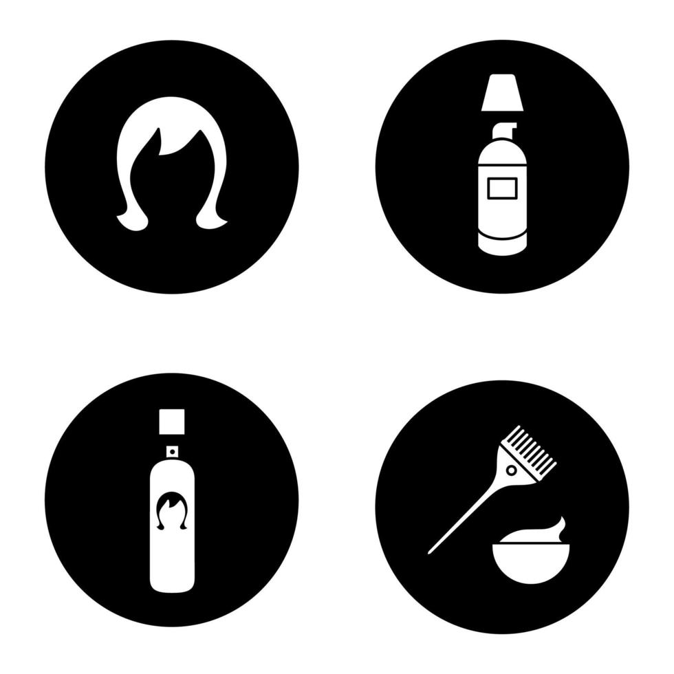 Ensemble d'icônes de glyphe d'accessoires de soins capillaires. perruque, vaporisateur, crème anti-cernes, kit de teinture pour les cheveux. illustrations vectorielles de silhouettes blanches dans des cercles noirs vecteur