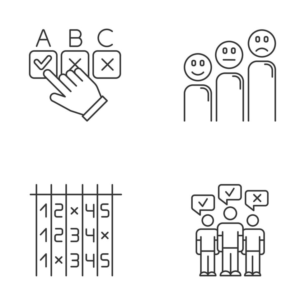 ensemble d'icônes linéaires d'enquête. choix de l'option. niveau de satisfaction du client avec des émoticônes. sélectionnez le numéro. sondage de masse. symboles de contour de ligne mince. illustrations de contour de vecteur isolé. trait modifiable