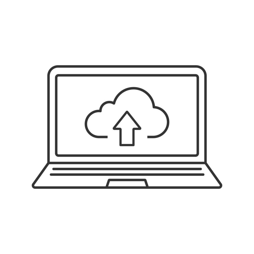 icône linéaire de cloud computing pour ordinateur portable. illustration de la ligne mince. téléchargement de fichiers de stockage en nuage pour ordinateur portable. symbole de contour. dessin de contour isolé de vecteur